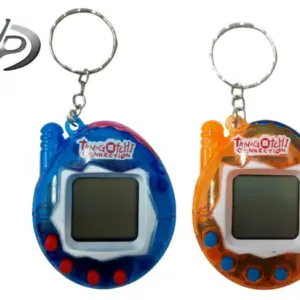 Dos mascotas virtuales Tamagotchi con llavero, una azul con botones rojos y otra naranja con botones azules, con pantalla LCD y diseño retro.